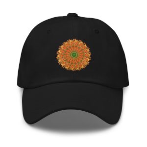 The perfect hat for fall. Jet black with orange sun, the colors of autumn.