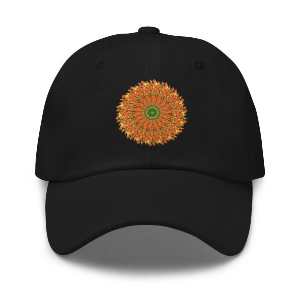 The perfect hat for fall. Jet black with orange sun, the colors of autumn.